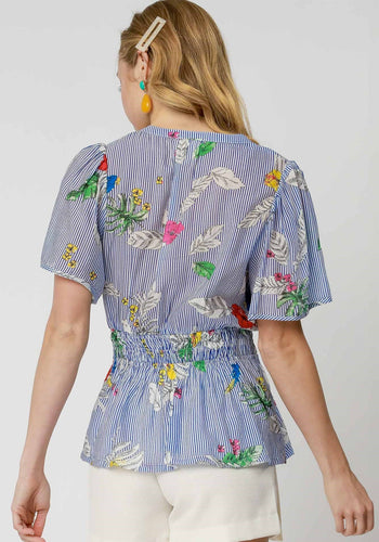 Umgee Mix Floral Striped Peplum Blouse in Blue Mix
