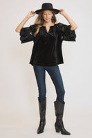 Umgee Velvet Split Neck Top with Floral Lace Sleeves in Black