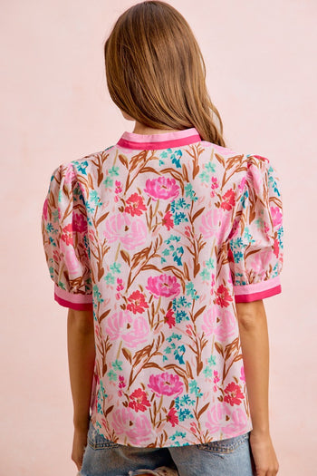 BiBi Woven Flower Print Top with Contrasting Trim in Pink ON ORDER