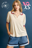 Umgee Ruffle Trim Polo Tee in Ecru