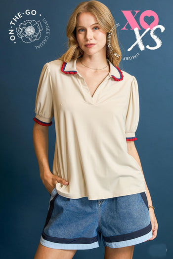 Umgee Ruffle Trim Polo Tee in Ecru