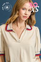 Umgee Ruffle Trim Polo Tee in Ecru