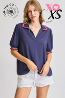 Umgee Ruffle Trim Polo Tee in Navy