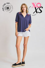 Load image into Gallery viewer, Umgee Ruffle Trim Polo Tee in Navy
