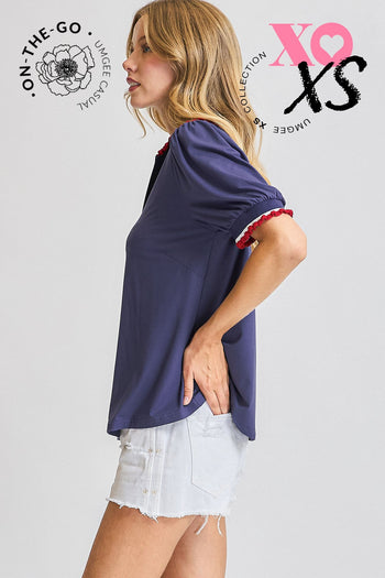 Umgee Ruffle Trim Polo Tee in Navy