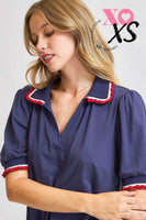 Umgee Ruffle Trim Polo Tee in Navy