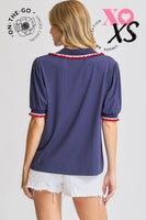 Umgee Ruffle Trim Polo Tee in Navy