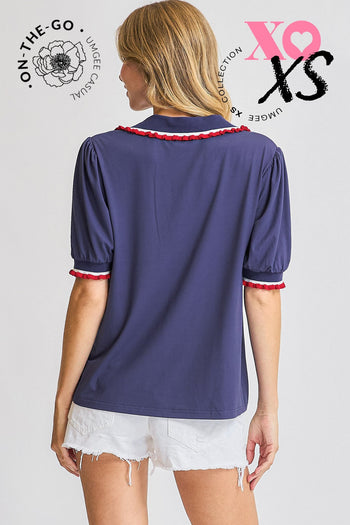 Umgee Ruffle Trim Polo Tee in Navy