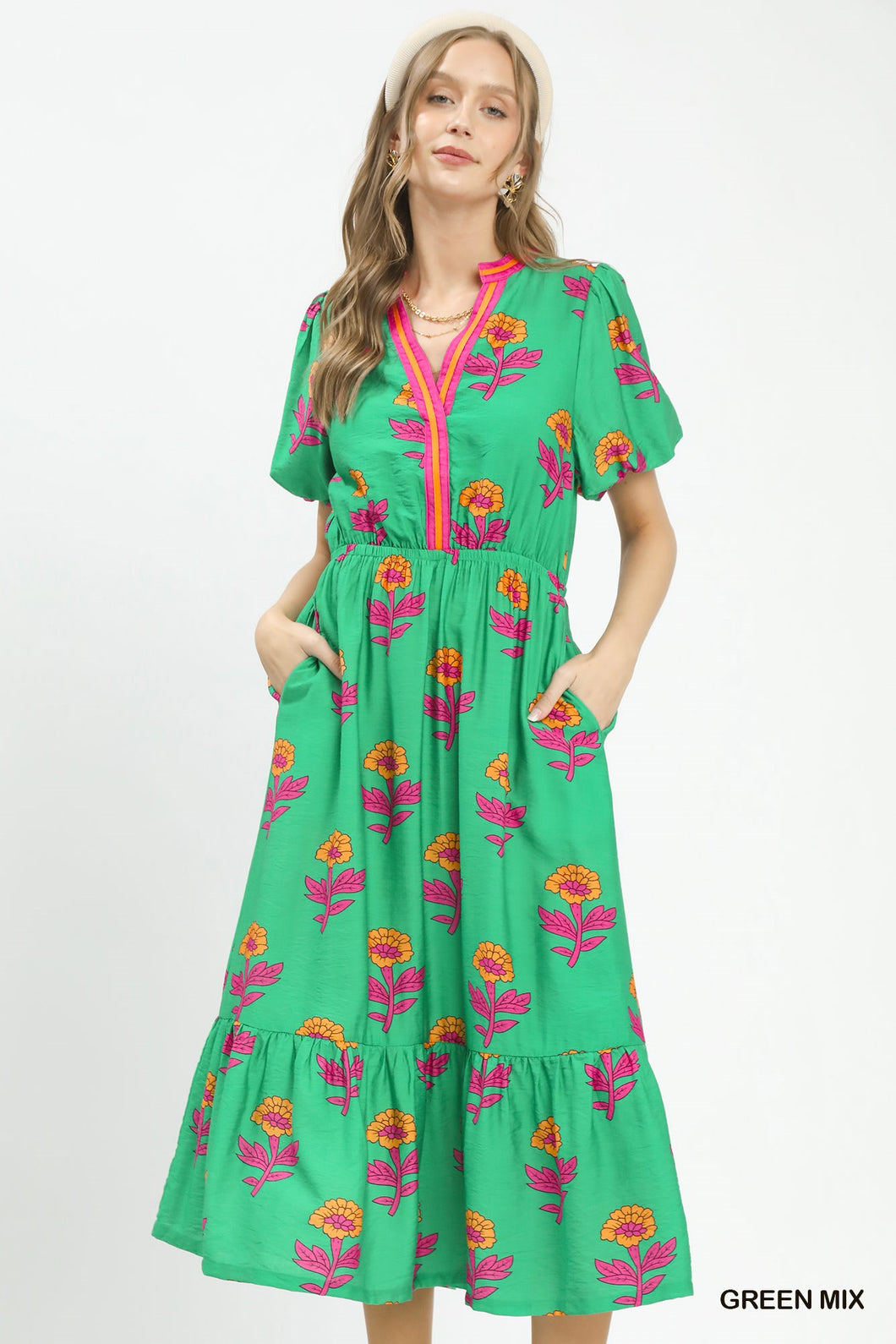 Umgee Floral Print V-Neck Midi Dress in Green – June Adel
