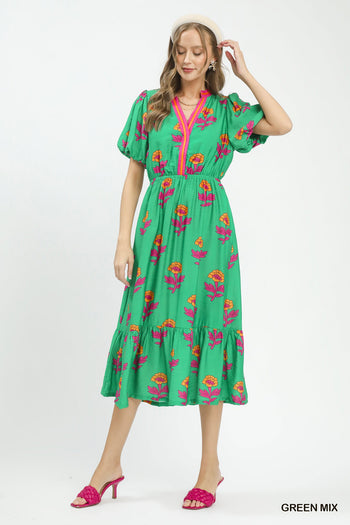 Umgee Floral Print V-Neck Midi Dress in Green – June Adel