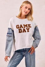 Load image into Gallery viewer, BiBi Sweatshirt with Denim Sleeves and GAMEDAY Letter Patches in Ivory
