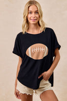 BiBi Solid Color Waffle Knit Top with Football Patch Front in Black