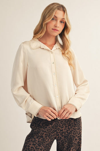 Jodifl Scallop Trim Detail Button Down Satin Top in Champagne