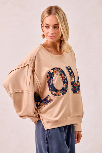 BiBi OVERSIZED French Terry Top with Floral "LOVE" Letter Patches in Oatmeal/Denim