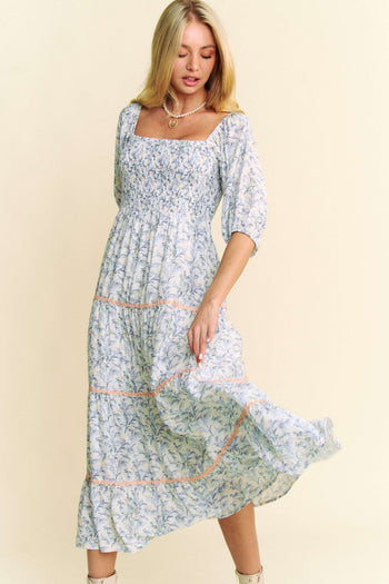 Davi & Dani Floral Print Midi Dress with Contrasting Ric Rac Trim in Blue
