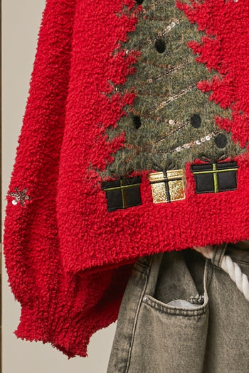 mello. Christmas Tree Embroidered Soft Cardigan in Red