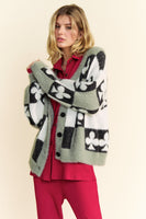 Davi & Dani Front Button Down Cardigan with Checkered & Clover Print in Black Beige FINAL SALE