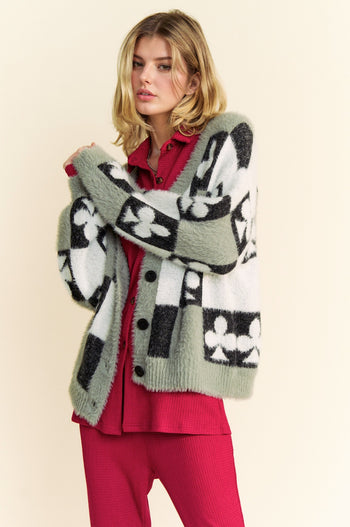 Davi & Dani Front Button Down Cardigan with Checkered & Clover Print in Black Beige FINAL SALE