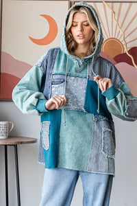 Oli & Hali Mixed Patchwork Hooded Top in Teal Blue