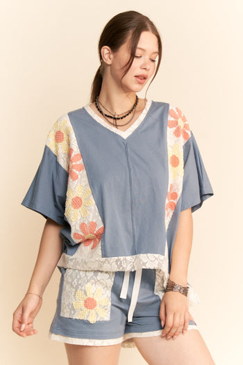 Davi & Dani OVERSIZED Knit and Lace Top with Flower Patches in Blue Multi