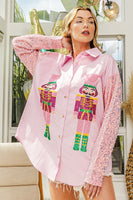 BiBi Button Up Shirt with Large Sequin Nutcrackers and Velvet Sequin Sleeves in Pink