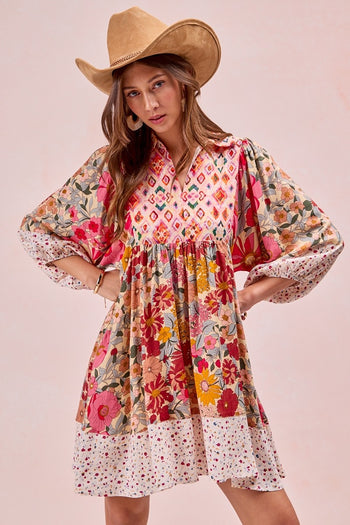 BiBi Mix N Match Print Mini Dress in Rose Mix
