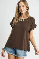 Umgee Scallop Hem Linen Blend Top in Espresso