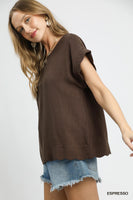 Umgee Scallop Hem Linen Blend Top in Espresso