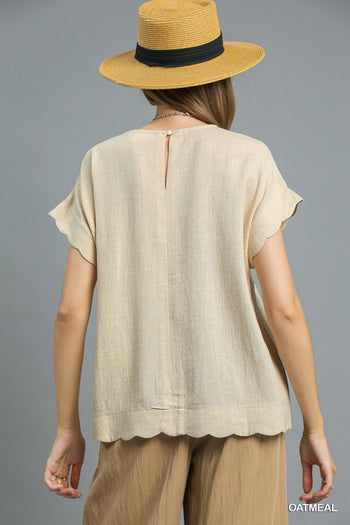 Umgee Scallop Hem Linen Blend Top in Oatmeal