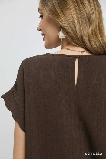 Umgee Scallop Hem Linen Blend Top in Espresso