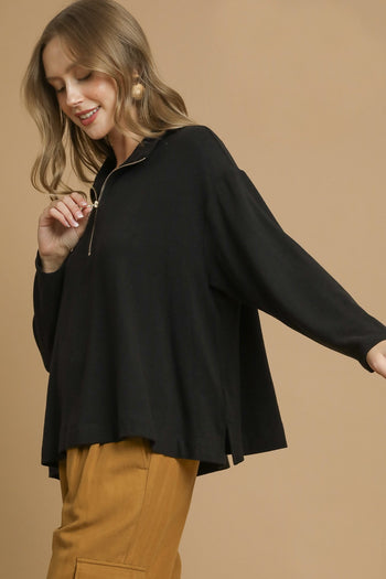 Umgee Half Zip Pullover Top in Black