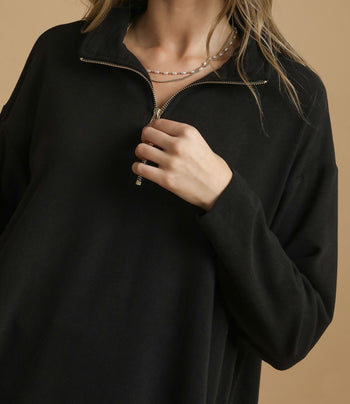 Umgee Half Zip Pullover Top in Black