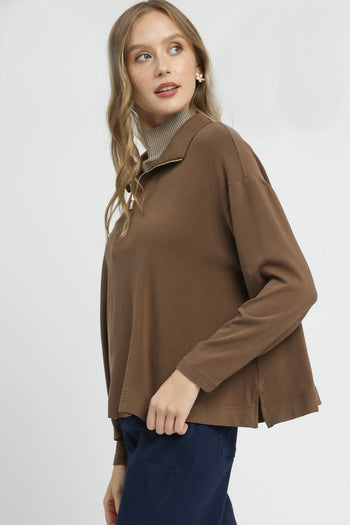 Umgee Half Zip Pullover Top in Brown