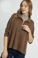 Umgee Half Zip Pullover Top in Brown