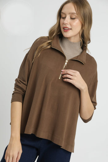 Umgee Half Zip Pullover Top in Brown