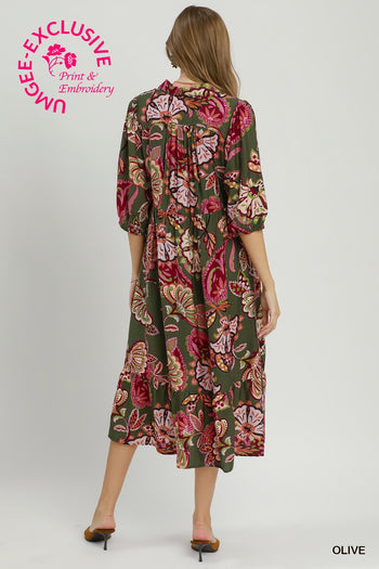 Umgee Boho Paisley Print Midi Dress in Olive