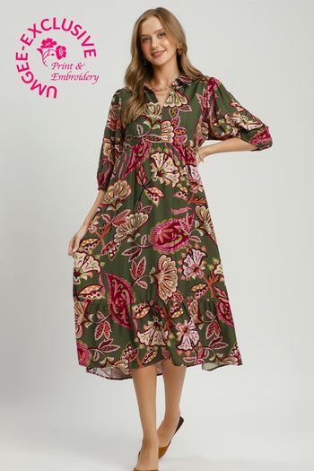 Umgee Boho Paisley Print Midi Dress in Olive