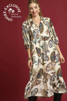 Umgee Boho Paisley Print Midi Dress in Cream