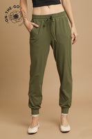 Umgee Elastic Drawstring Joggers in Moss