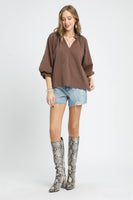 Umgee Solid Color Textured Top in Chocolate