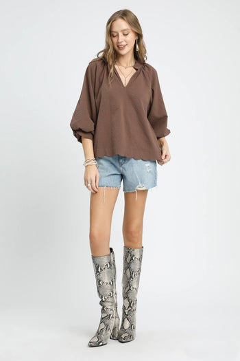 Umgee Solid Color Textured Top in Chocolate