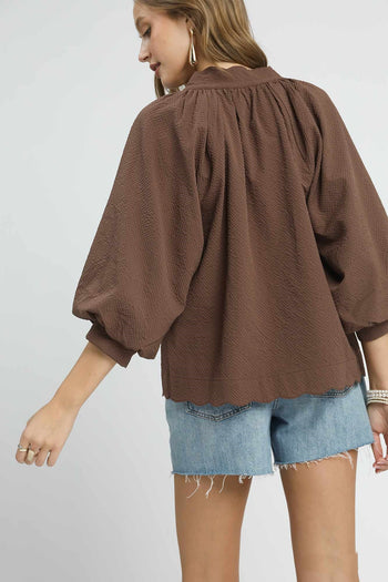 Umgee Solid Color Textured Top in Chocolate