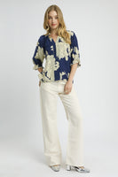 Umgee Bold Peony Floral Print Top in Navy