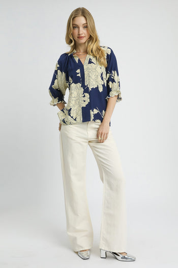 Umgee Bold Peony Floral Print Top in Navy