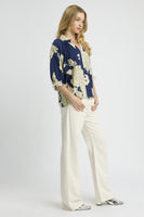Umgee Bold Peony Floral Print Top in Navy