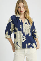 Umgee Bold Peony Floral Print Top in Navy