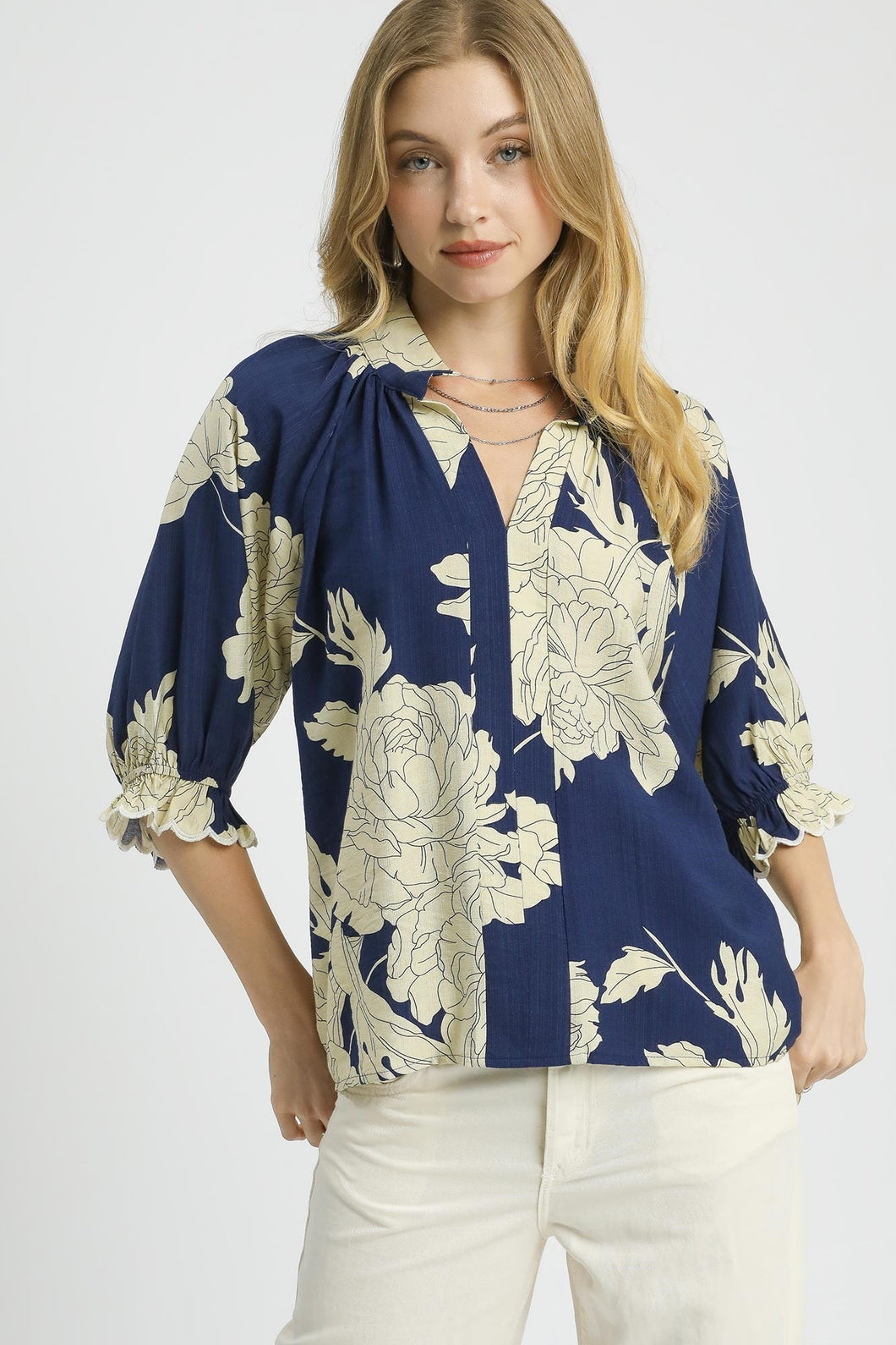 Umgee Bold Peony Floral Print Top in Navy
