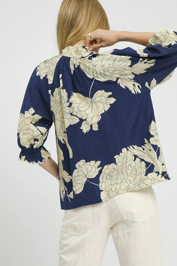 Umgee Bold Peony Floral Print Top in Navy