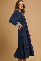 Umgee Solid Color Midi Dress with Contrasting Color and Leopard Print Trim in Navy