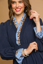 Load image into Gallery viewer, Umgee Solid Color Midi Dress with Contrasting Color and Leopard Print Trim in Navy
